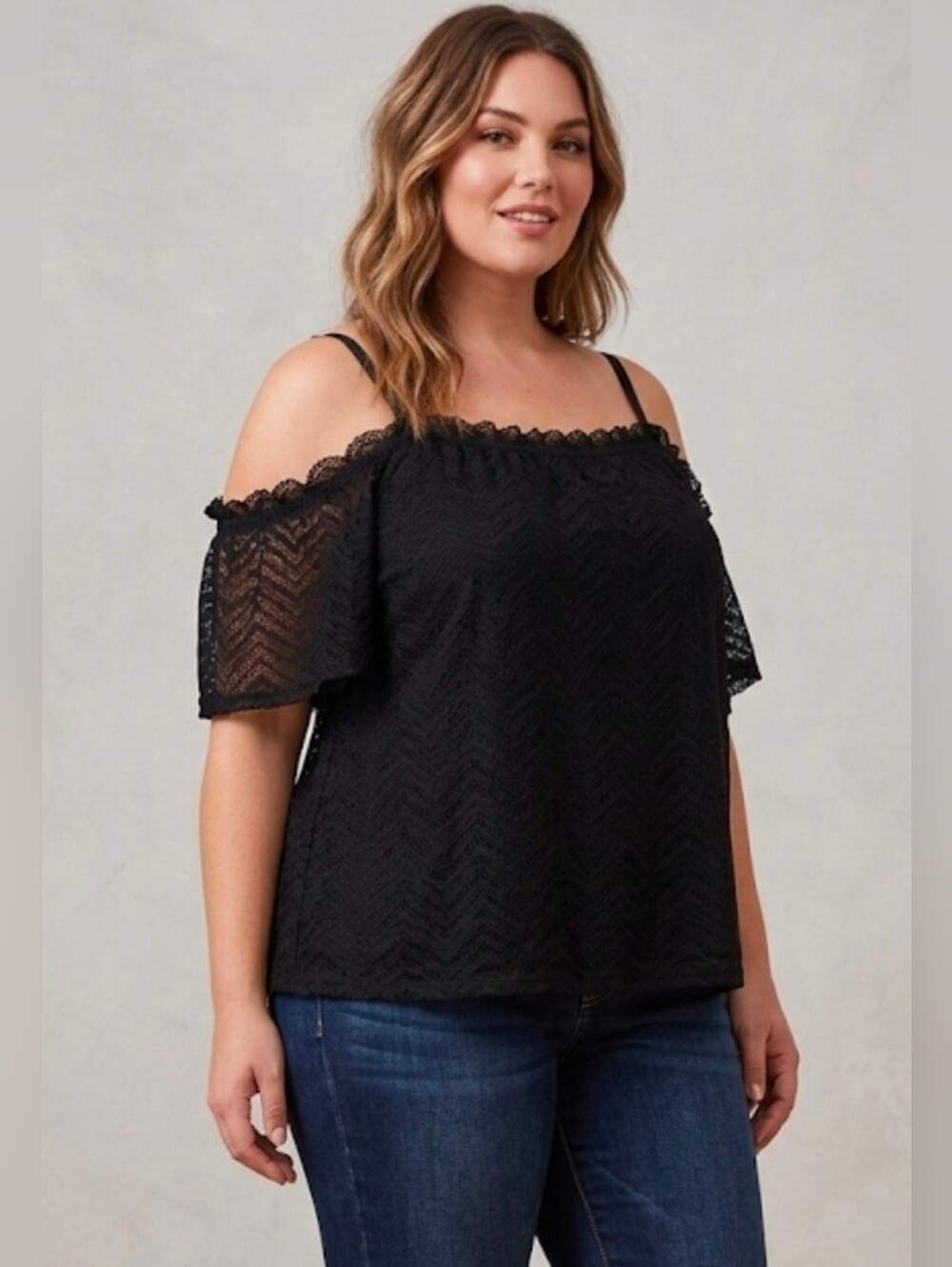 Torrid Women Top Blouse Size 2 Black Lace Cold-Shoulder Top